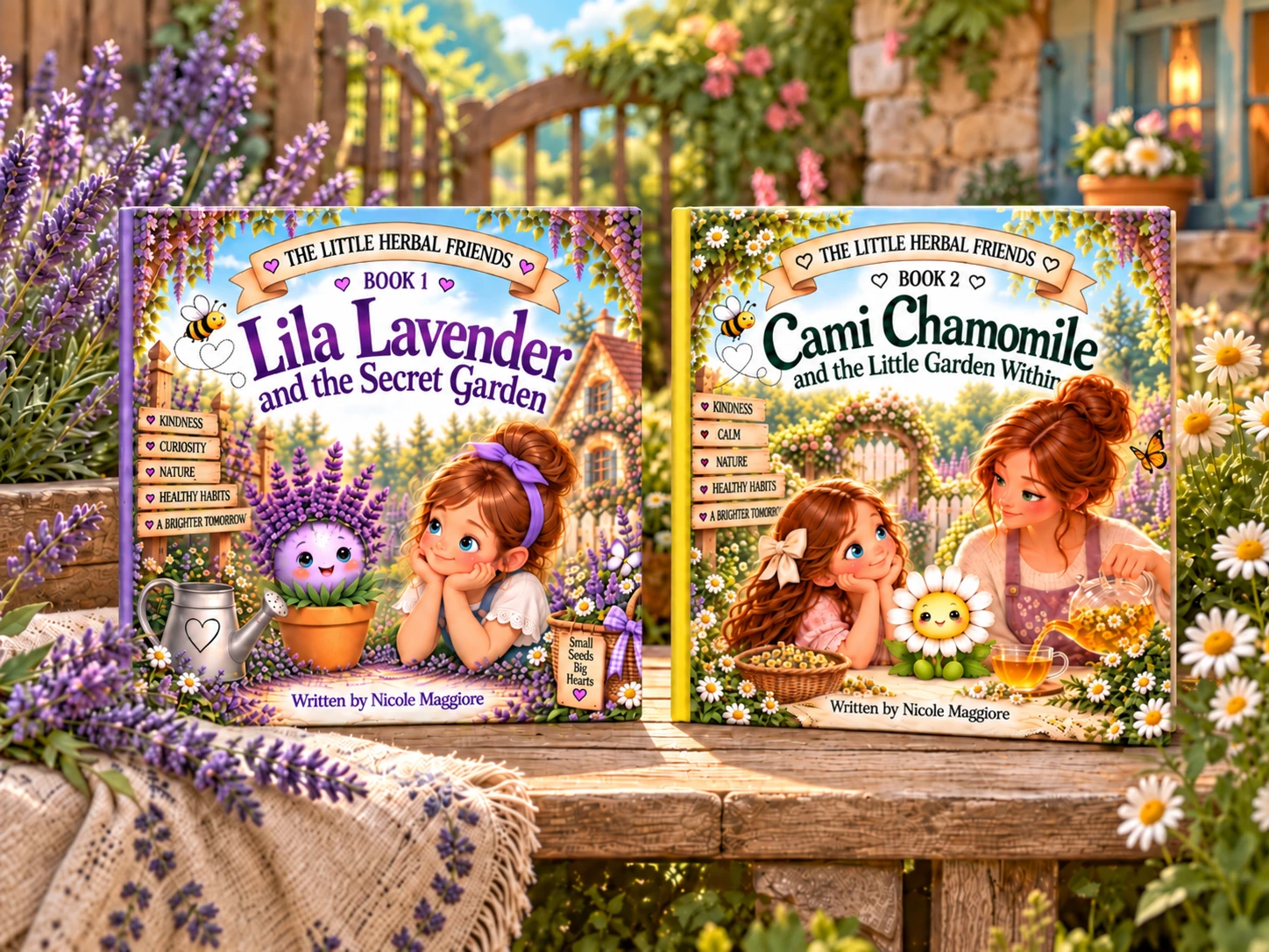 Lila Lavender and Cami Chamomile books displayed together in the Secret Garden